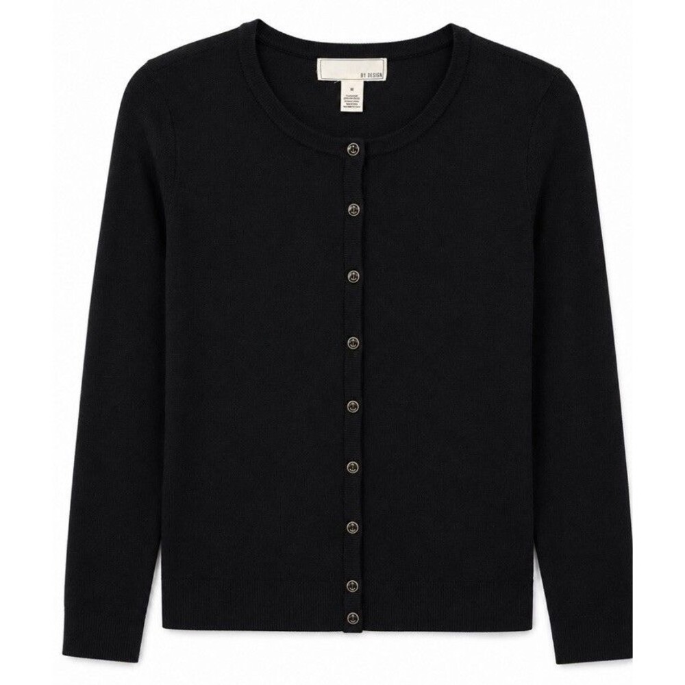 By Design Women’s M Black Cardigan Sweater Gold Button Crewneck Classic